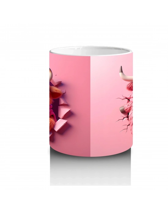 Pembe Fon Üzerinde Sevimli Maskot Buzağı Karakteri – Baskılı Kahve Kupası