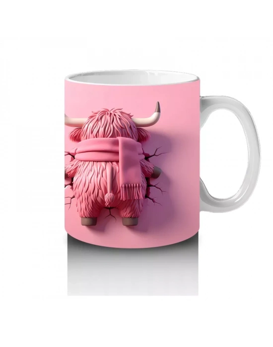 Pembe Fon Üzerinde Sevimli Maskot Buzağı Karakteri – Baskılı Kahve Kupası