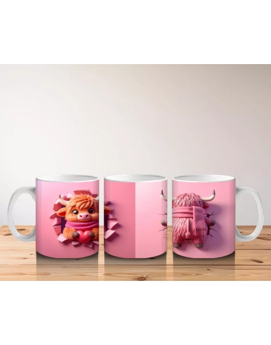 Pembe Fon Üzerinde Sevimli Maskot Buzağı Karakteri – Baskılı Kahve Kupası