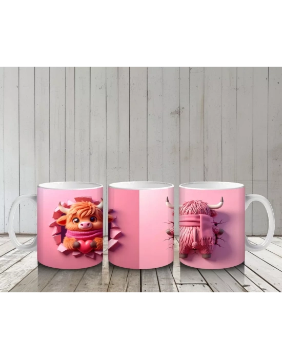 Pembe Fon Üzerinde Sevimli Maskot Buzağı Karakteri – Baskılı Kahve Kupası