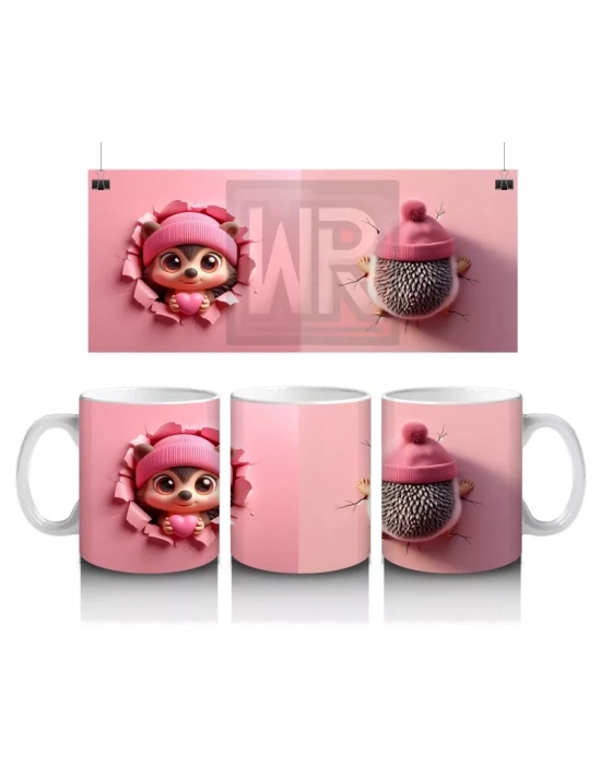 Pembe Giyimli Kız ve Kalpli Peluş – Baskılı Kahve Kupası