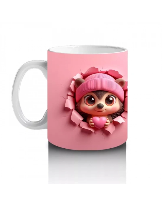 Pembe Giyimli Kız ve Kalpli Peluş – Baskılı Kahve Kupası