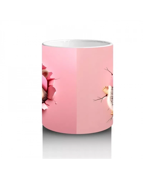 Pembe Giyimli Kız ve Kalpli Peluş – Baskılı Kahve Kupası