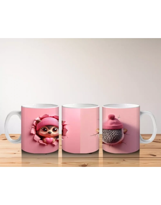 Pembe Giyimli Kız ve Kalpli Peluş – Baskılı Kahve Kupası