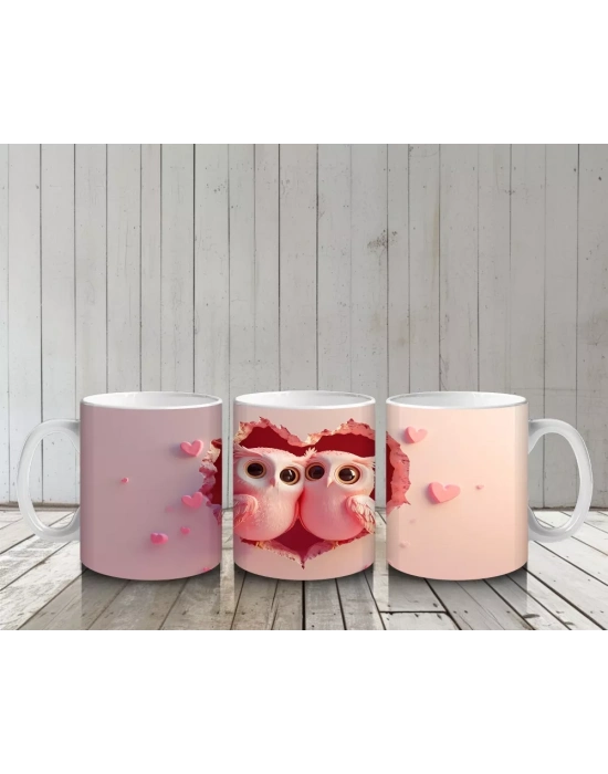 Pembe Gözlüklü Aşık Baykuşlar – Baskılı Kahve Kupası