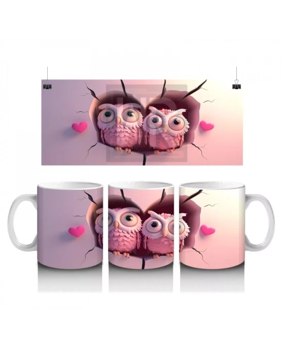 Pembe Gözlüklü Baykuşlar ve Kalpli Fon – Baskılı Kahve Kupası