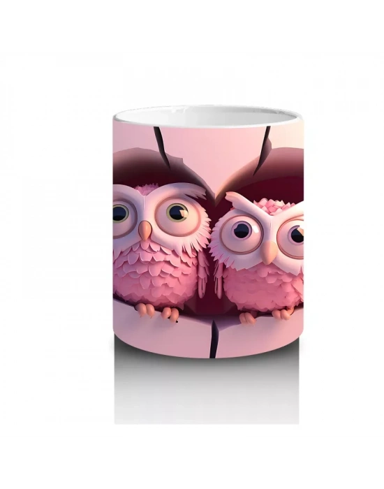 Pembe Gözlüklü Baykuşlar ve Kalpli Fon – Baskılı Kahve Kupası