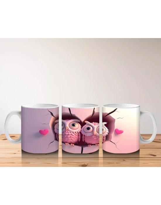 Pembe Gözlüklü Baykuşlar ve Kalpli Fon – Baskılı Kahve Kupası