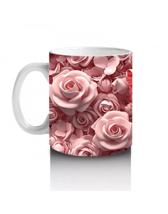 Pembe Gül Desenleri Arasında Kelebek - Baskılı Kahve Kupası