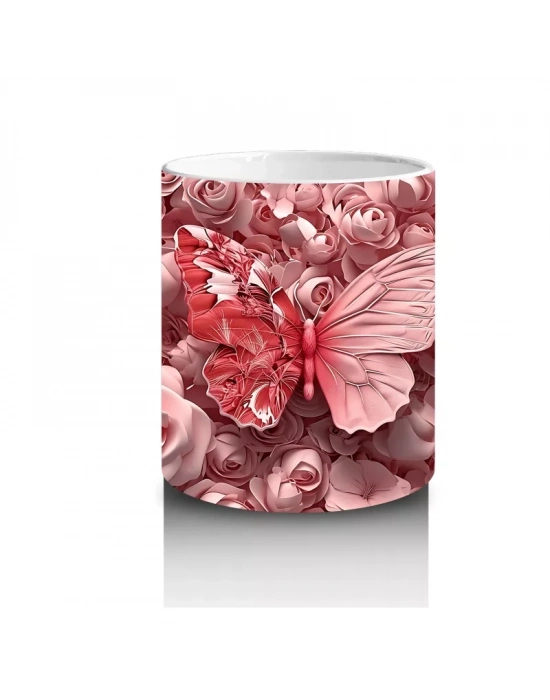 Pembe Gül Desenleri Arasında Kelebek - Baskılı Kahve Kupası