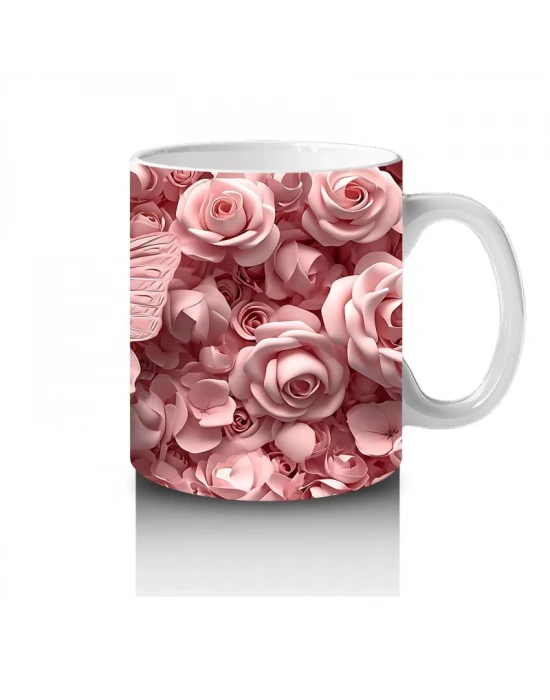 Pembe Gül Desenleri Arasında Kelebek - Baskılı Kahve Kupası