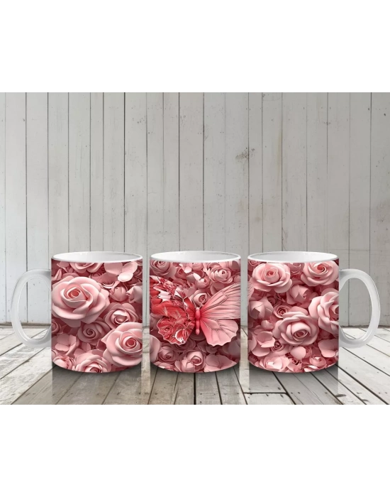 Pembe Gül Desenleri Arasında Kelebek - Baskılı Kahve Kupası