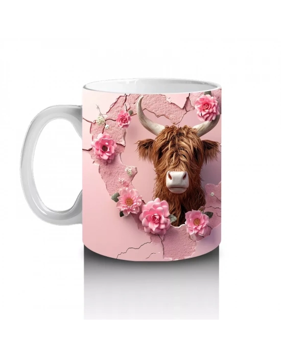 Pembe Gül Kalpleriyle Süslenmiş İnek Çifti - Baskılı kahve kupası