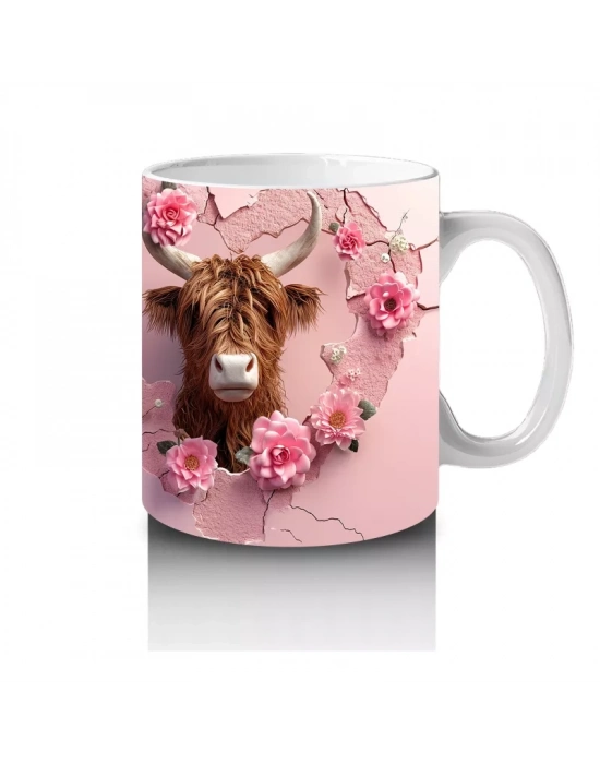 Pembe Gül Kalpleriyle Süslenmiş İnek Çifti - Baskılı kahve kupası