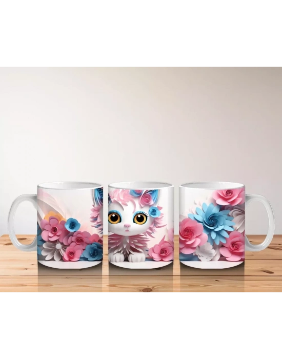 Pembe Güller Arasında Sevimli Kedi – Baskılı Kahve Kupası