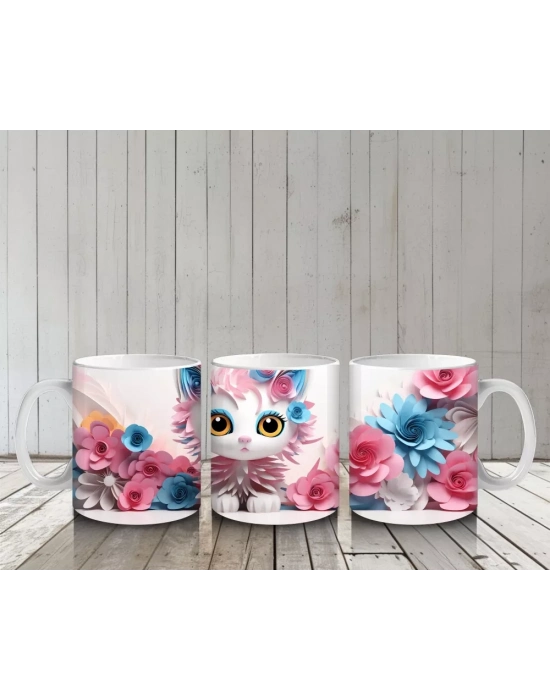 Pembe Güller Arasında Sevimli Kedi – Baskılı Kahve Kupası