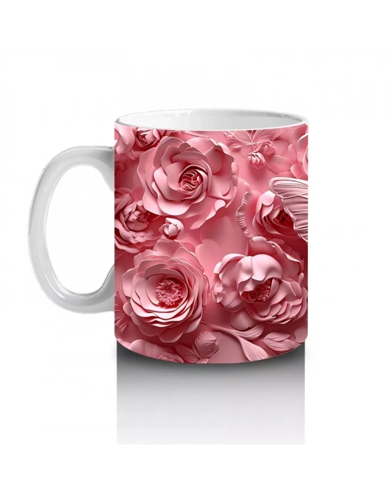 Pembe Güller Arasında Zarif Kelebek – Baskılı Kahve Kupası