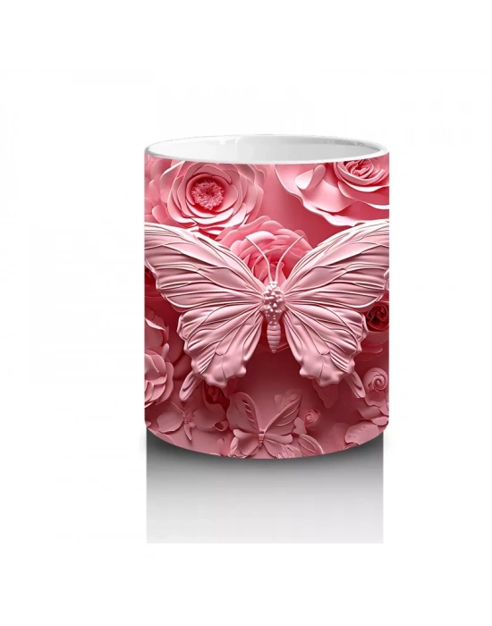 Pembe Güller Arasında Zarif Kelebek – Baskılı Kahve Kupası