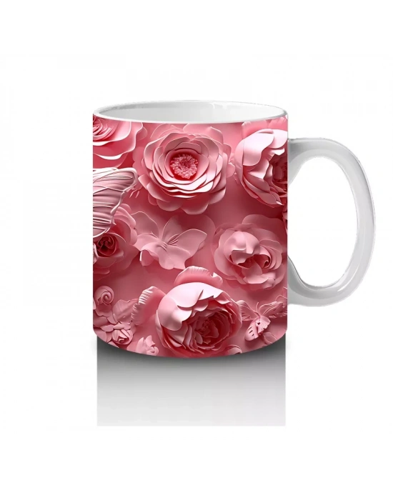 Pembe Güller Arasında Zarif Kelebek – Baskılı Kahve Kupası