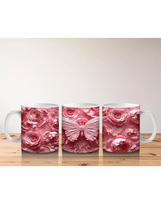 Pembe Güller Arasında Zarif Kelebek – Baskılı Kahve Kupası