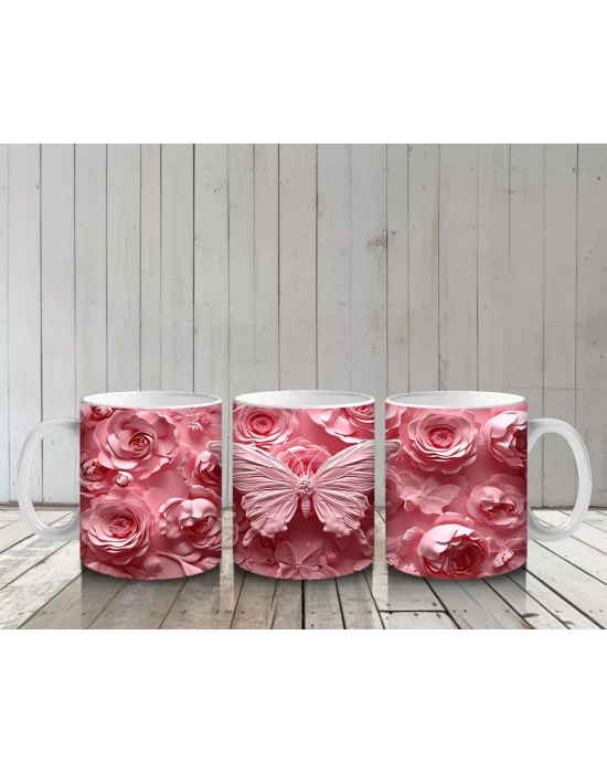 Pembe Güller Arasında Zarif Kelebek – Baskılı Kahve Kupası