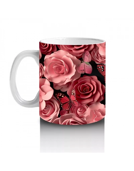 Pembe Güller ve Kelebekler Arasında Rölyef Desen – Baskılı Kahve Kupası