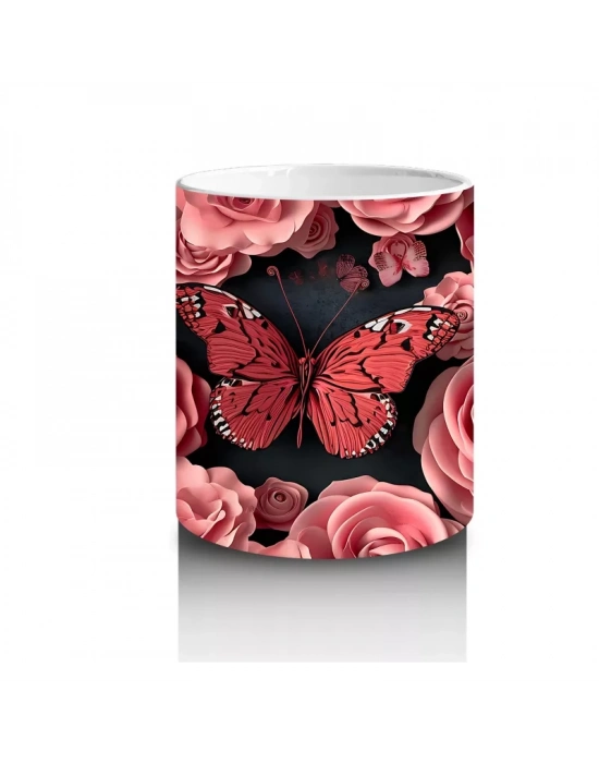 Pembe Güller ve Kelebekler Arasında Rölyef Desen – Baskılı Kahve Kupası