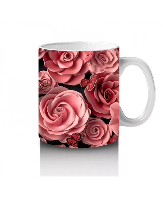 Pembe Güller ve Kelebekler Arasında Rölyef Desen – Baskılı Kahve Kupası