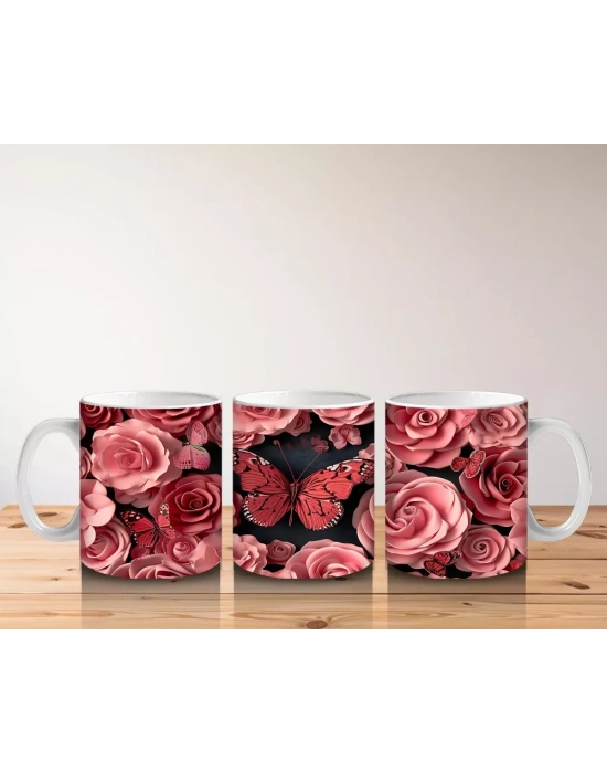 Pembe Güller ve Kelebekler Arasında Rölyef Desen – Baskılı Kahve Kupası