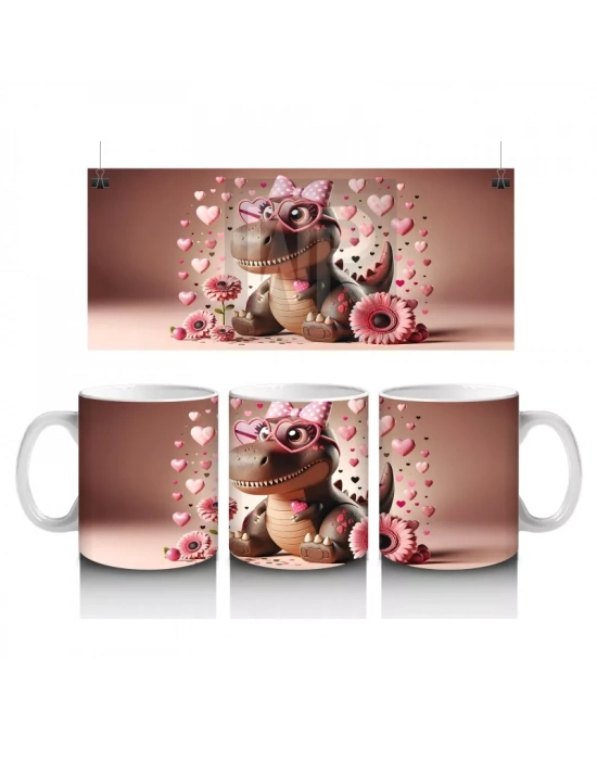 Pembe Güllerle Süslenmiş Şapkalı Sevimli Timsah – Baskılı Kahve Kupası