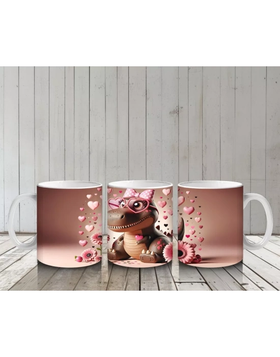 Pembe Güllerle Süslenmiş Şapkalı Sevimli Timsah – Baskılı Kahve Kupası