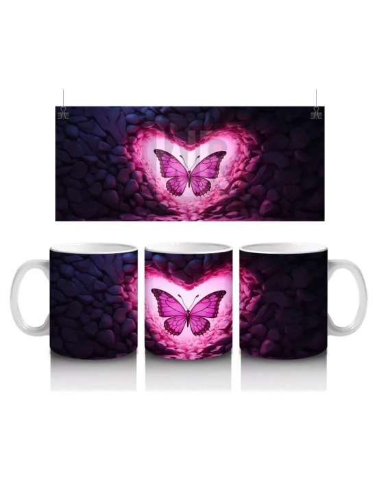 Pembe Işıklar Arasında Parlayan Kelebek – Baskılı Kahve Kupası