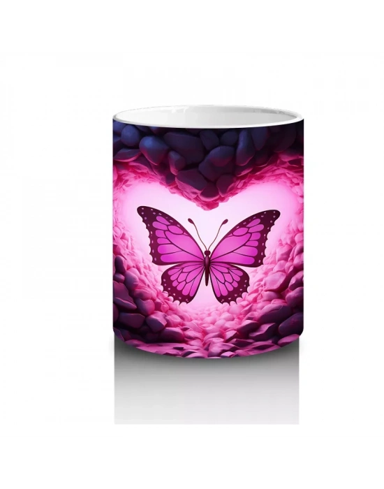 Pembe Işıklar Arasında Parlayan Kelebek – Baskılı Kahve Kupası