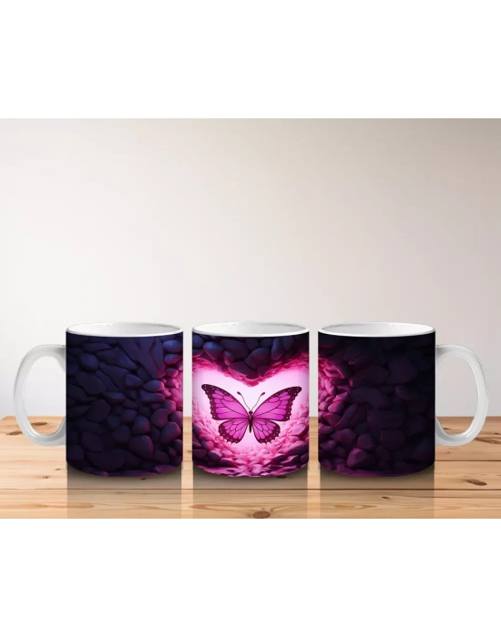 Pembe Işıklar Arasında Parlayan Kelebek – Baskılı Kahve Kupası