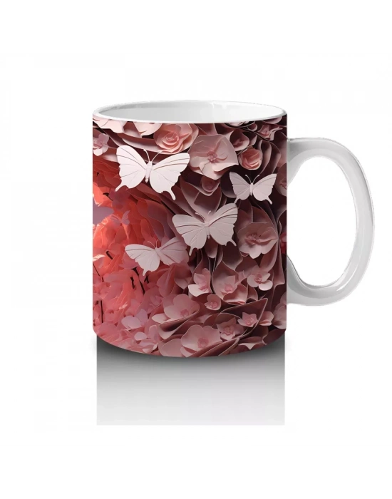 Pembe Işıkların Altında Uçuşan Kelebekler – Baskılı Kahve Kupası