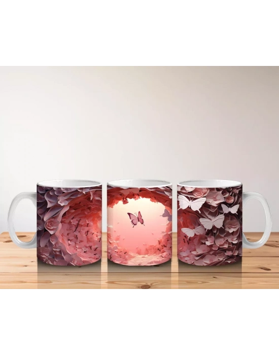 Pembe Işıkların Altında Uçuşan Kelebekler – Baskılı Kahve Kupası