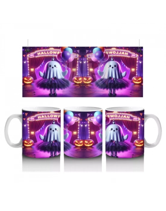 Pembe Işıklı Sahne Üzerinde Dans Eden Cadı Figürlü Renkli Cadılar Bayramı Baskılı Kupa Bardak