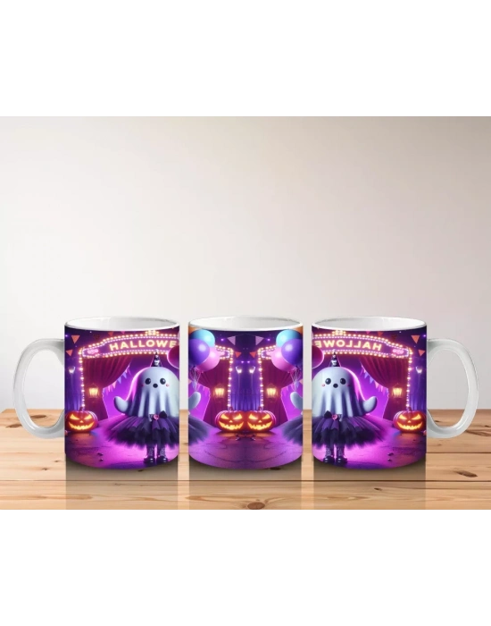 Pembe Işıklı Sahne Üzerinde Dans Eden Cadı Figürlü Renkli Cadılar Bayramı Baskılı Kupa Bardak