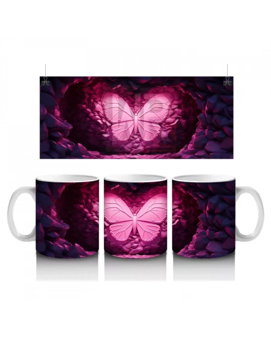 Pembe Işıltılı Taşlar Arasında Kelebek Silueti – Baskılı Kahve Kupası