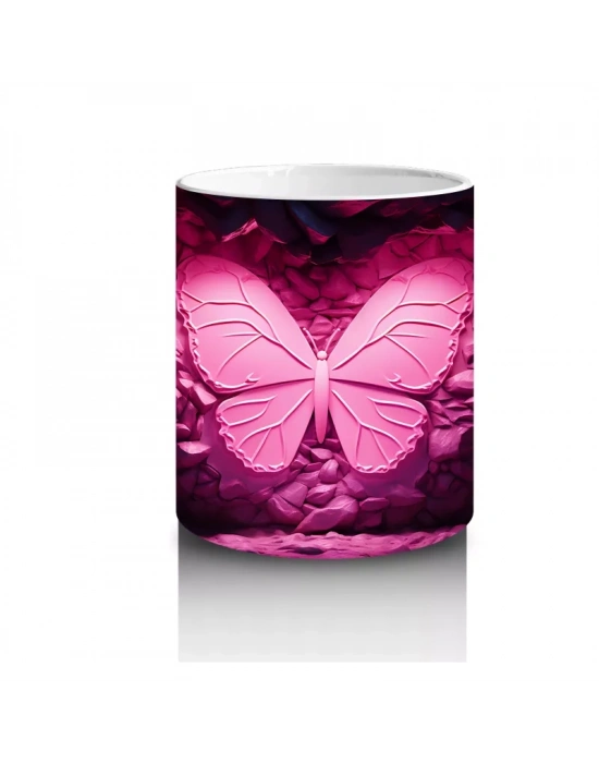 Pembe Işıltılı Taşlar Arasında Kelebek Silueti – Baskılı Kahve Kupası