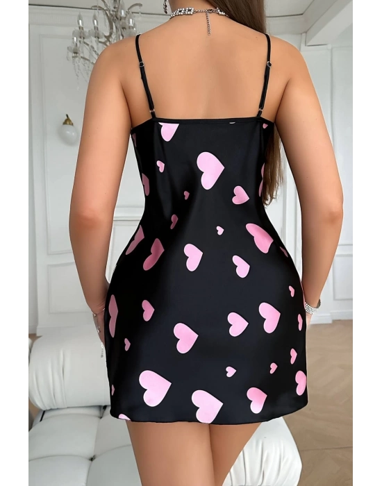 Pembe Kalp Desenli Siyah Saten Gecelik