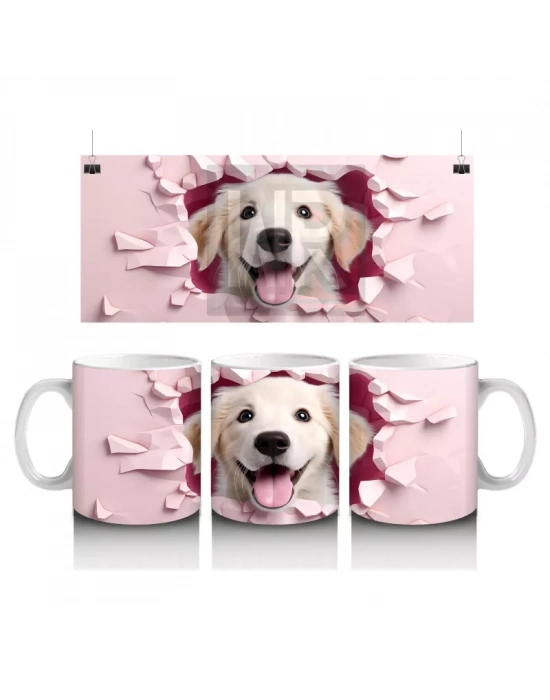 Pembe Kalp Duvarı Delen Sarı Köpek – Baskılı Kahve Kupası