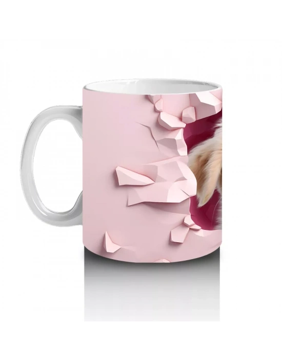 Pembe Kalp Duvarı Delen Sarı Köpek – Baskılı Kahve Kupası