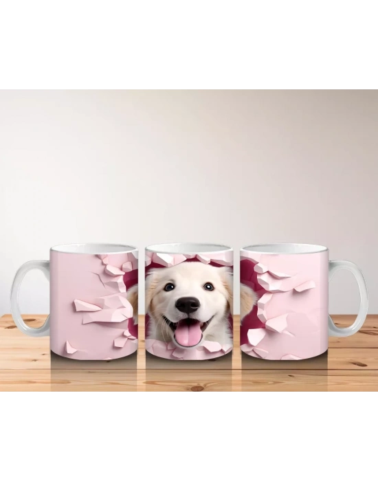 Pembe Kalp Duvarı Delen Sarı Köpek – Baskılı Kahve Kupası