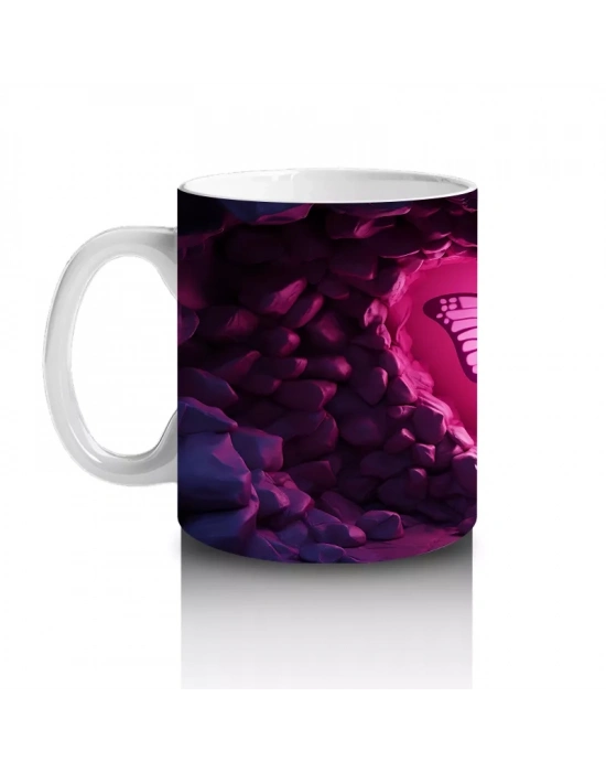 Pembe Kalp İçinde Kelebek Işıltısı – Baskılı Kahve Kupası