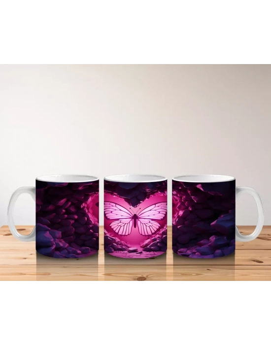 Pembe Kalp İçinde Kelebek Işıltısı – Baskılı Kahve Kupası