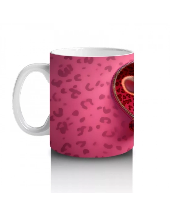 Pembe Kalp İçinde Sevimli Boğa Figürü – Baskılı Kahve Kupası