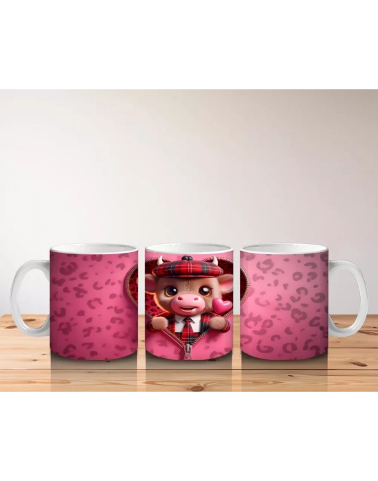 Pembe Kalp İçinde Sevimli Boğa Figürü – Baskılı Kahve Kupası