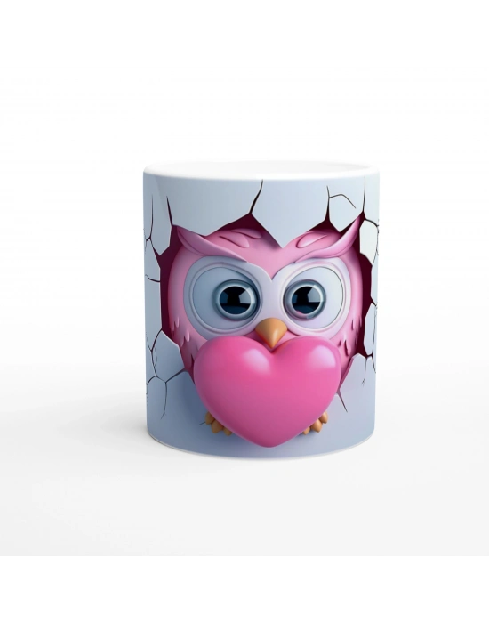 Pembe Kalp Tutan Baykuş Temalı Baskılı Kupa Bardak