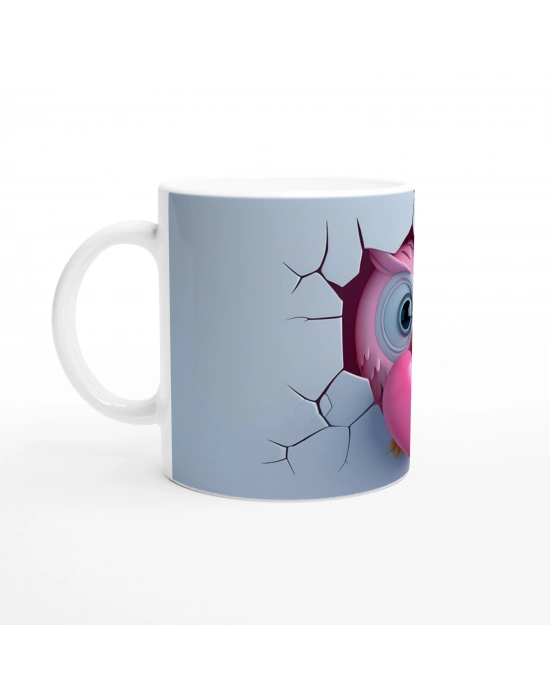 Pembe Kalp Tutan Baykuş Temalı Baskılı Kupa Bardak